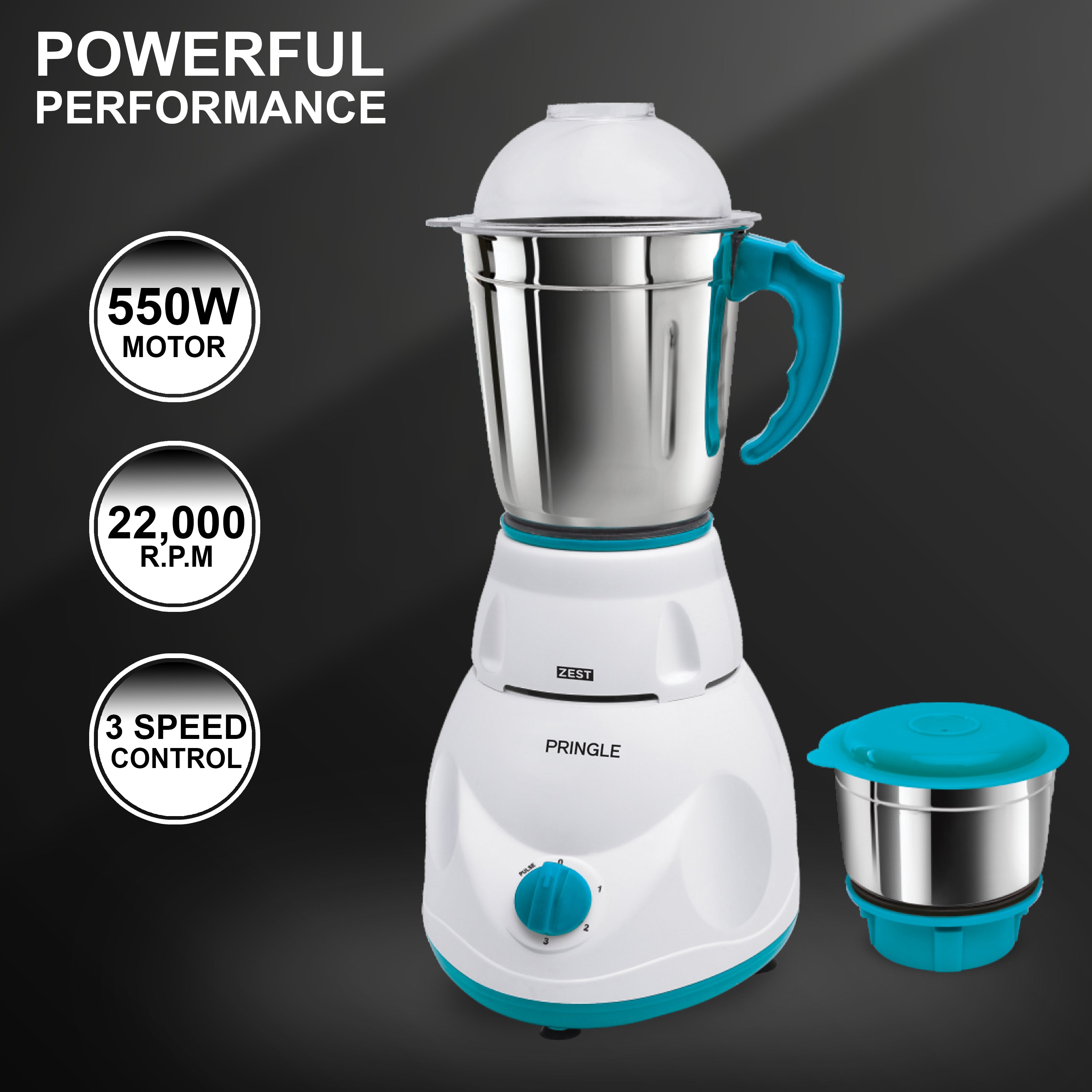 Pringle 550Watt Mixer Grinder with 2 Leak Proof Stainless Steel Jars| 30 Min Motor Rating| Robust Nylon Coupler | Overload Protection| ISI Certified| 2 Year Warranty - Pringle Appliances
