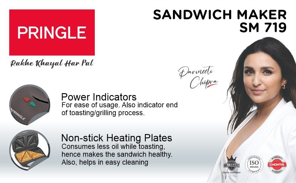 Pringle 2 Slice Grill Sandwich Maker | Fixed Non-Stick Grill Plates with Powerful 800 Watt Heating Rods |Easy to Clean Non-Stick Greblon Coating | With Light Indicator | 1 Year Warranty - Black - Pringle Appliances