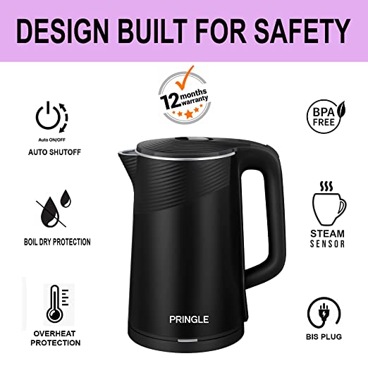 Pringle Electric Kettle Aster 2.L Dual Wall Layer(1500Watt) Stainless Steel Cool Touch Outer Body with 1 Year Onsite Warranty - Pringle Appliances