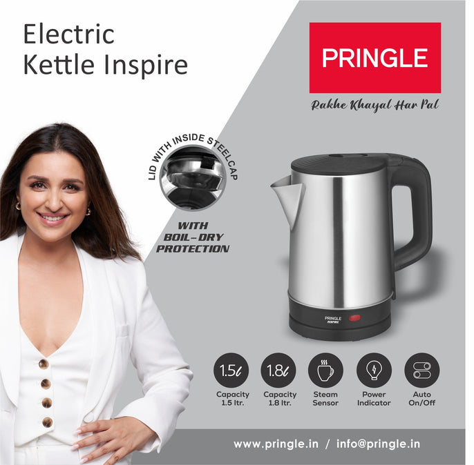 Pringle Electric Kettle Inspire 1.8 Ltr 1500 Watts with Boil Dry Protection & Auto-Shut Off, Concealed Heating Element| 360 Deg Cordless Base, Wide Mouth Opening , Premium finish ,With power Indicator and steam sensor - Pringle Appliances