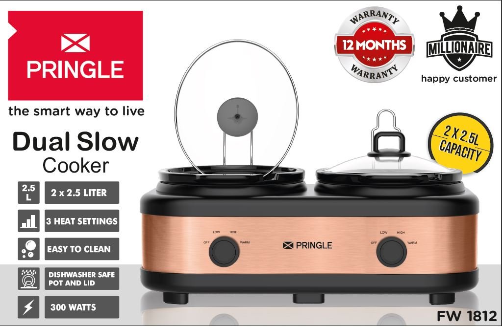 Pringle Electric Slow Cooker | Ceramic Pot with Glass Lid | Copper Color FW 1812 - Capacity 5L ( 2.5L X 2 Pot) - Pringle Appliances
