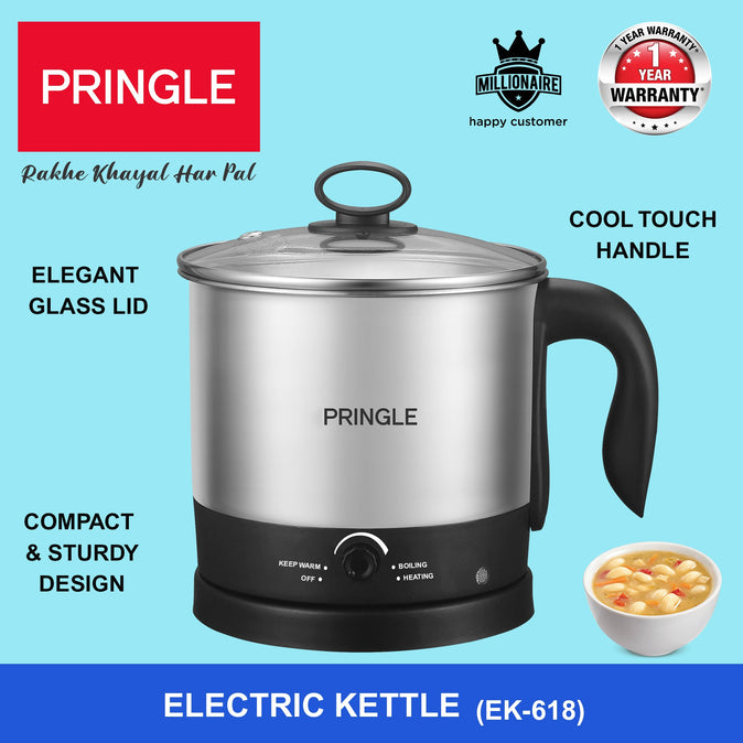 Pringle Multipurpose Kettle (EK-618) 1.5 liters with Stainless Steel Body with Egg Tray, used for boiling Water and milk, Tea, Coffee, Oats, Noodles, Soup etc. 600 Watt (Black & Silver) - Pringle Appliances