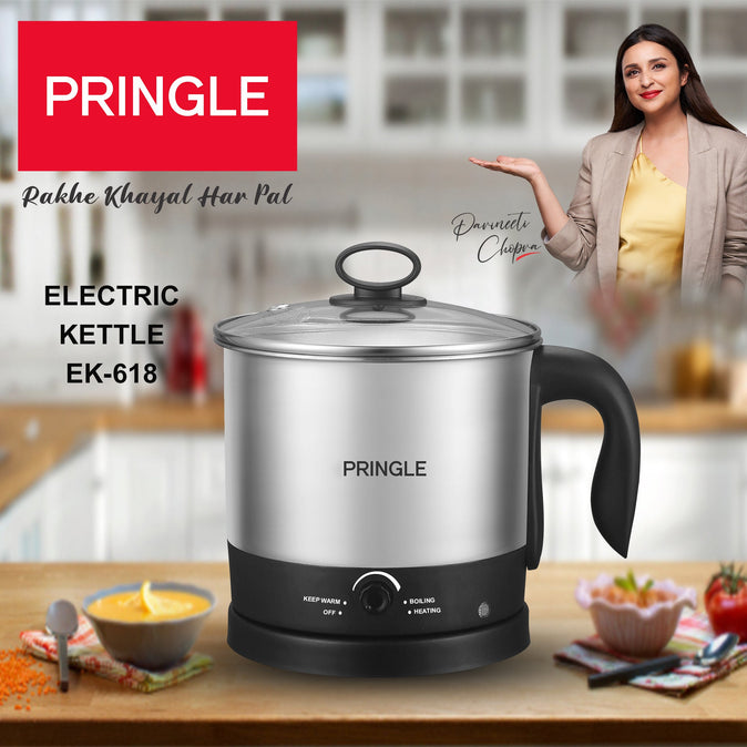 Pringle Multipurpose Kettle (EK-618) 1.5 liters with Stainless Steel Body with Egg Tray, used for boiling Water and milk, Tea, Coffee, Oats, Noodles, Soup etc. 600 Watt (Black & Silver) - Pringle Appliances