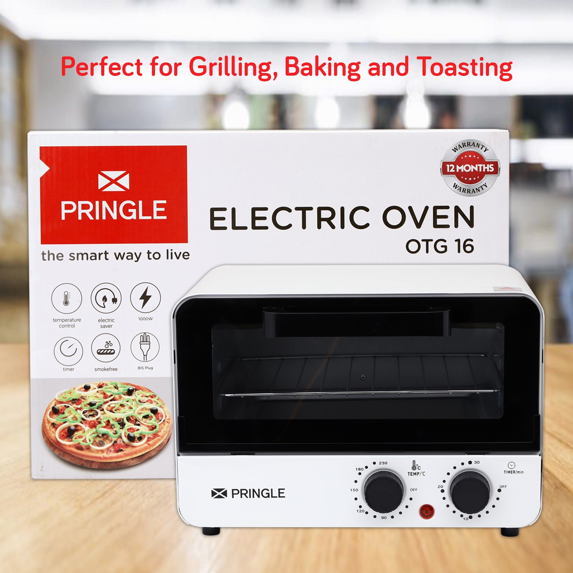 Pringle Oven Toaster Griller (OTG)16 - 12 White And Black - with Rotisserie, Auto-Shut Off, Heat-Resistant Tempered Glass, Multi-Stage Heat Selection 1000Watt - Pringle Appliances