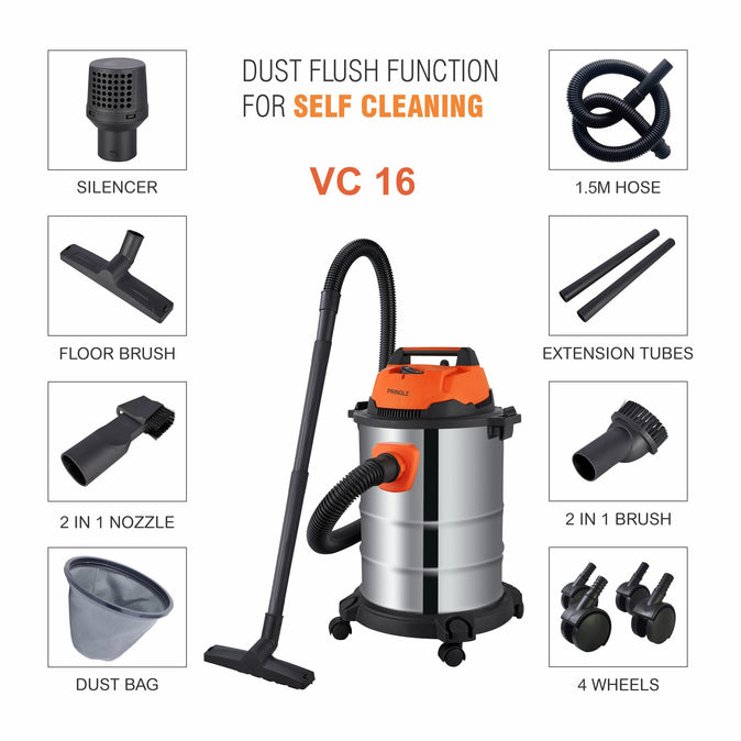 PRINGLE 1300W Vacuum Cleaner Wet and Dry Micro VC16 with 3in1 Multifunction Wet/Dry/Blowing| 18KPA Suction Stainless Steel Body (Black/Orange/Steel) - Pringle Appliances