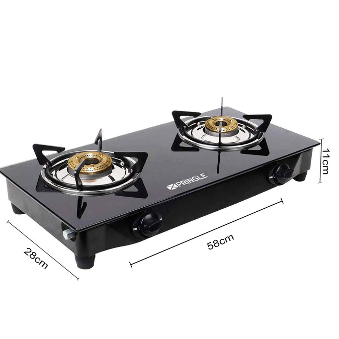Pringle 2 Burner Toughened Glass Top Gas Stove/Chulha Manual Ignition Comes with 2 high efficiency design Brass Burners , Pan Support & 360 degree revolving nozzle With 24 months Warranty- Doorstep Service ISI certified - Pringle Appliances