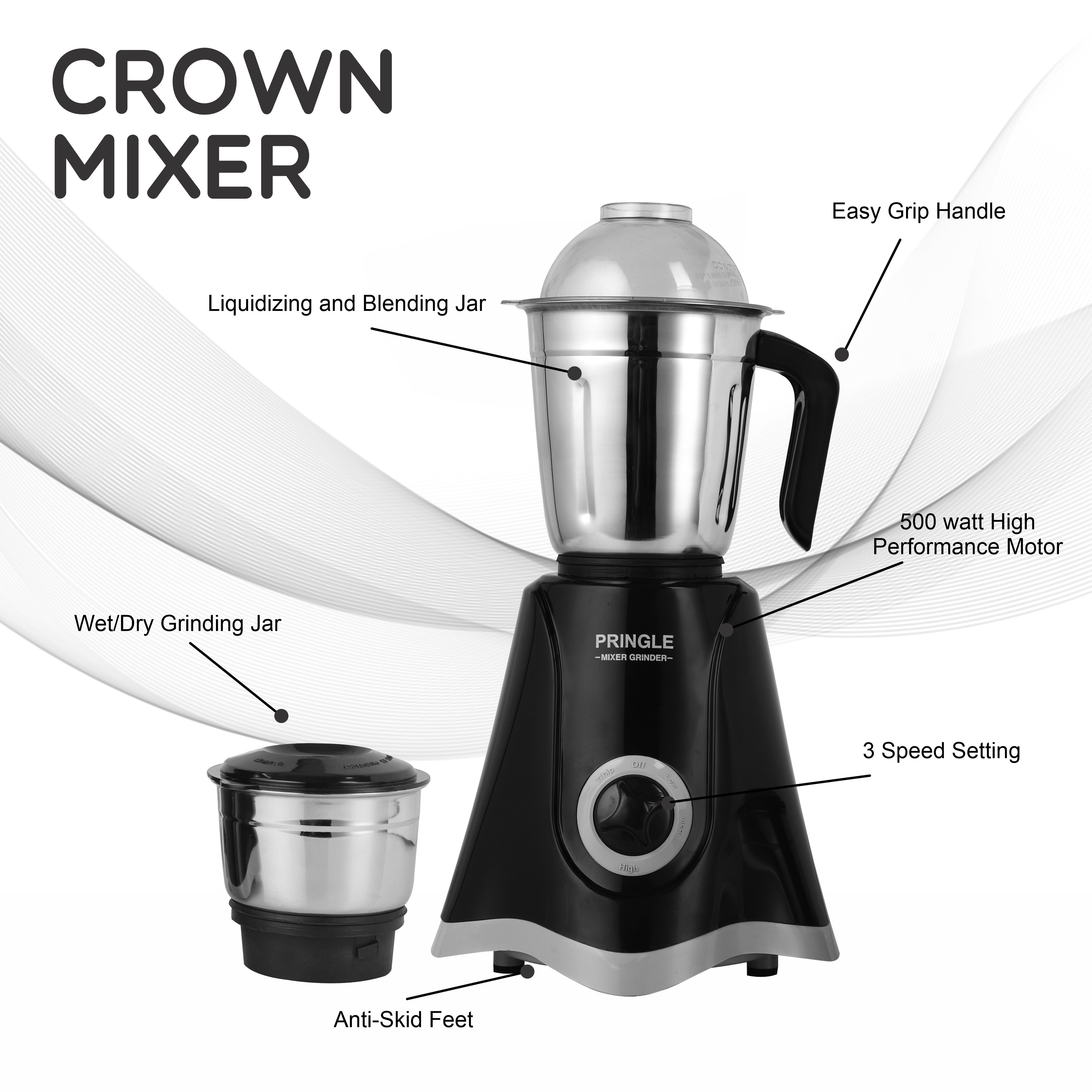 Pringle 2 Jar Mixer Grinder| 500W Powerful Motor | [ISI] Certified | 304 Grade Stainless Steel Blade| 2 Stainless Steel Jars Liquidizing Jar (1 Litres) Chutney Jar (0.4 Litres)3 Speed Options with Whip (1 Year Warranty) - Pringle Appliances