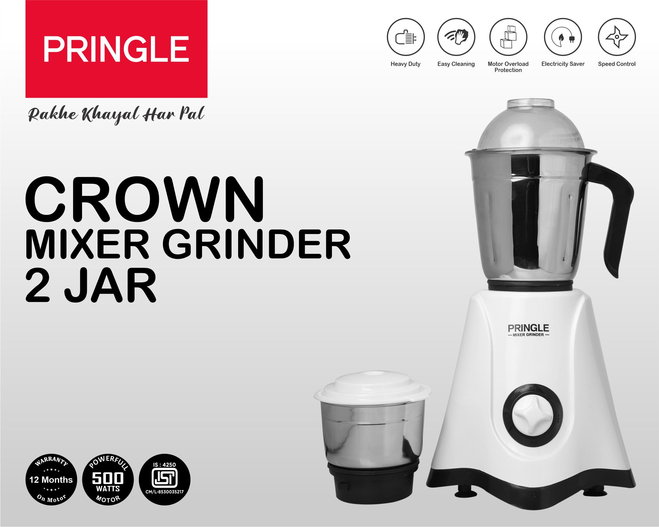 Pringle Crown 2 Jar Mixer Grinder| 500W | ISI Marked | 304 Grade Stainless Steel Blade| 2 Stainless Steel Jars Liquidizing jar (1.5 litres) chutney jar (0.5 litres) - Pringle Appliances