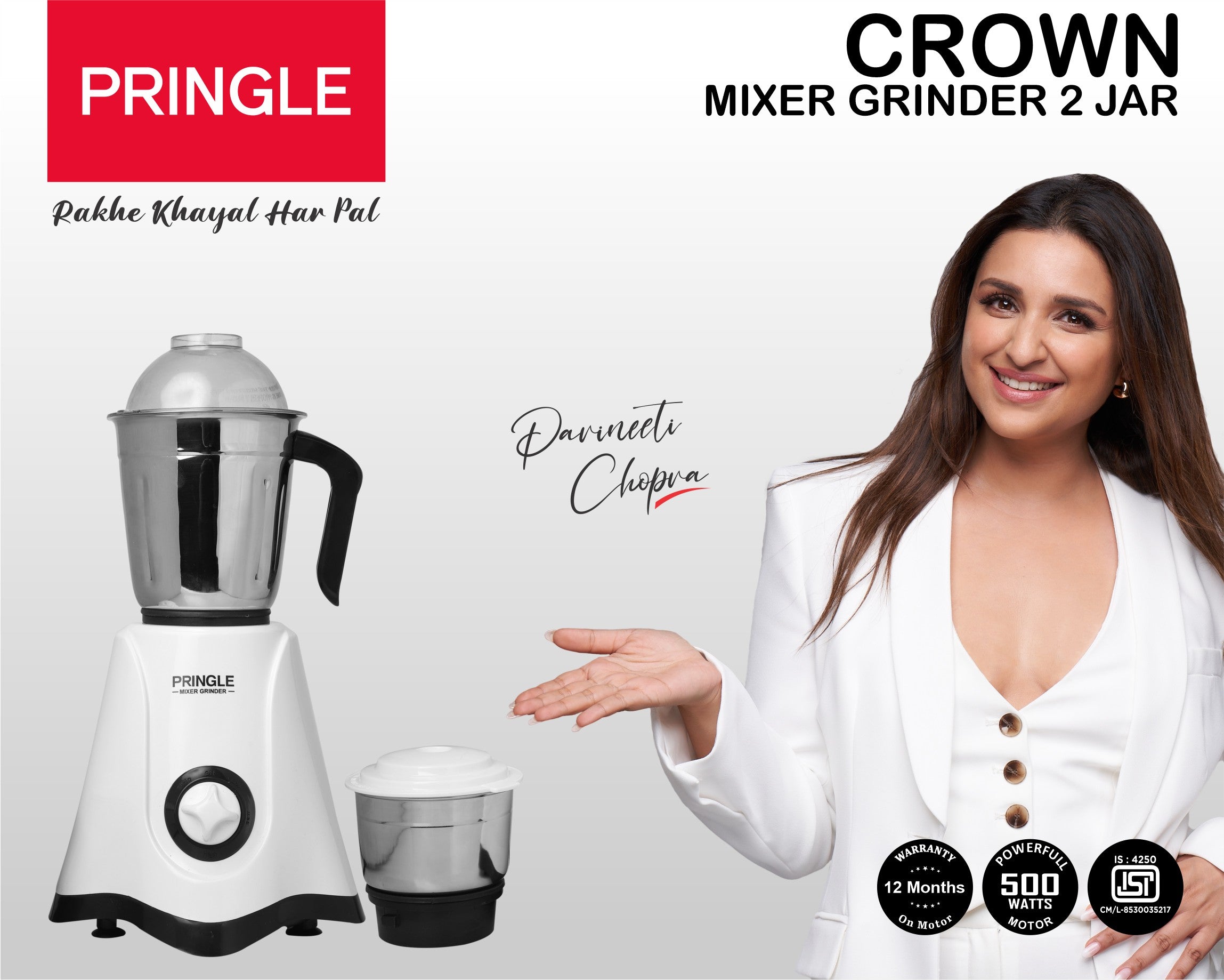 Pringle Crown 2 Jar Mixer Grinder| 500W | ISI Marked | 304 Grade Stainless Steel Blade| 2 Stainless Steel Jars Liquidizing jar (1.5 litres) chutney jar (0.5 litres) - Pringle Appliances