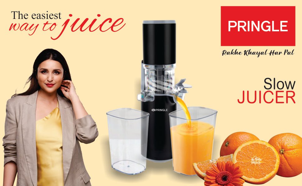 Pringle Easy Juice Cold Press Slow Juicer, Portable Slow Juicer, Compact Design, Less Oxidation, For Fresh Fruits & Vegetables, 130 W, 100% copper winding motor - Pringle Appliances