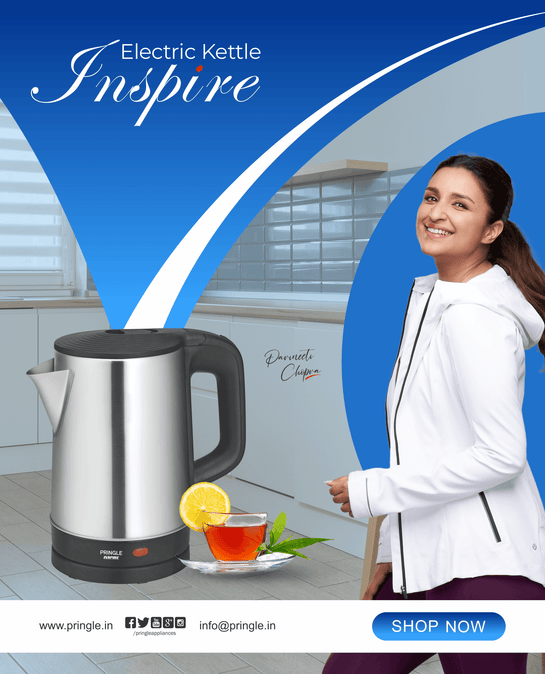 Pringle Electric Kettle Inspire 1.8 Ltr 1500 Watts with Boil Dry Protection & Auto-Shut Off, Concealed Heating Element| 360 Deg Cordless Base, Wide Mouth Opening , Premium finish ,With power Indicator and steam sensor - Pringle Appliances