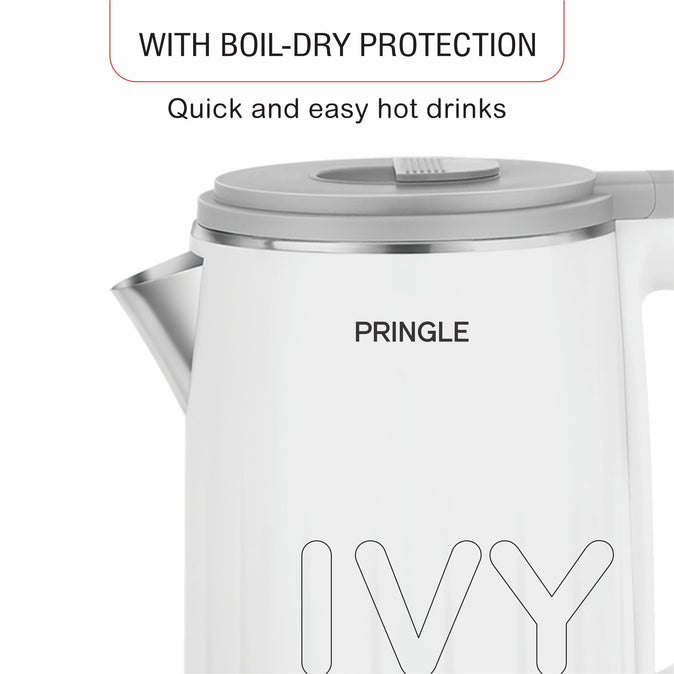 Pringle Electric Kettle IVY 1.2(1500Watt) Stainless Steel Cool Touch Outer Body with 12 Months Onsite Warranty- White - Pringle Appliances