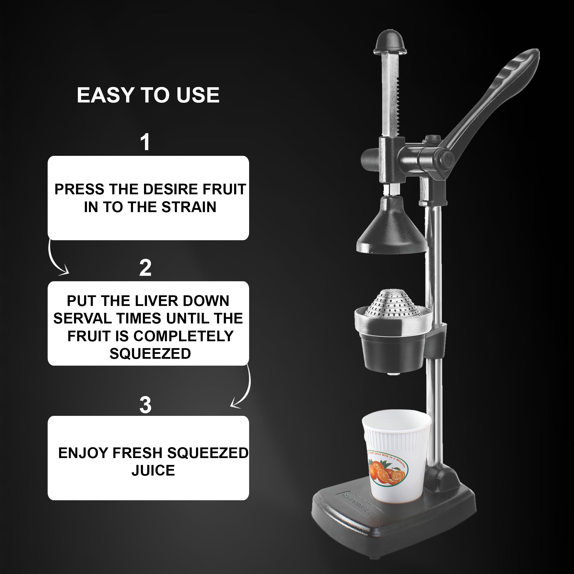 Pringle Hand Press Juicer Machine | Fresh and Hygienic Juice | Made in India | Black - Pringle Appliances