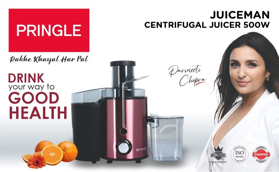 Pringle Juiceman | Centrifugal Juicer | Juicer 500 Watt | Home and Kitchen | Wide Mouth & 2 Speed & Pulse Function |Stainless Steel Mesh |Includes Juicer Jar and Detachable Pulp Collector | Black & Rose Gold - Pringle Appliances