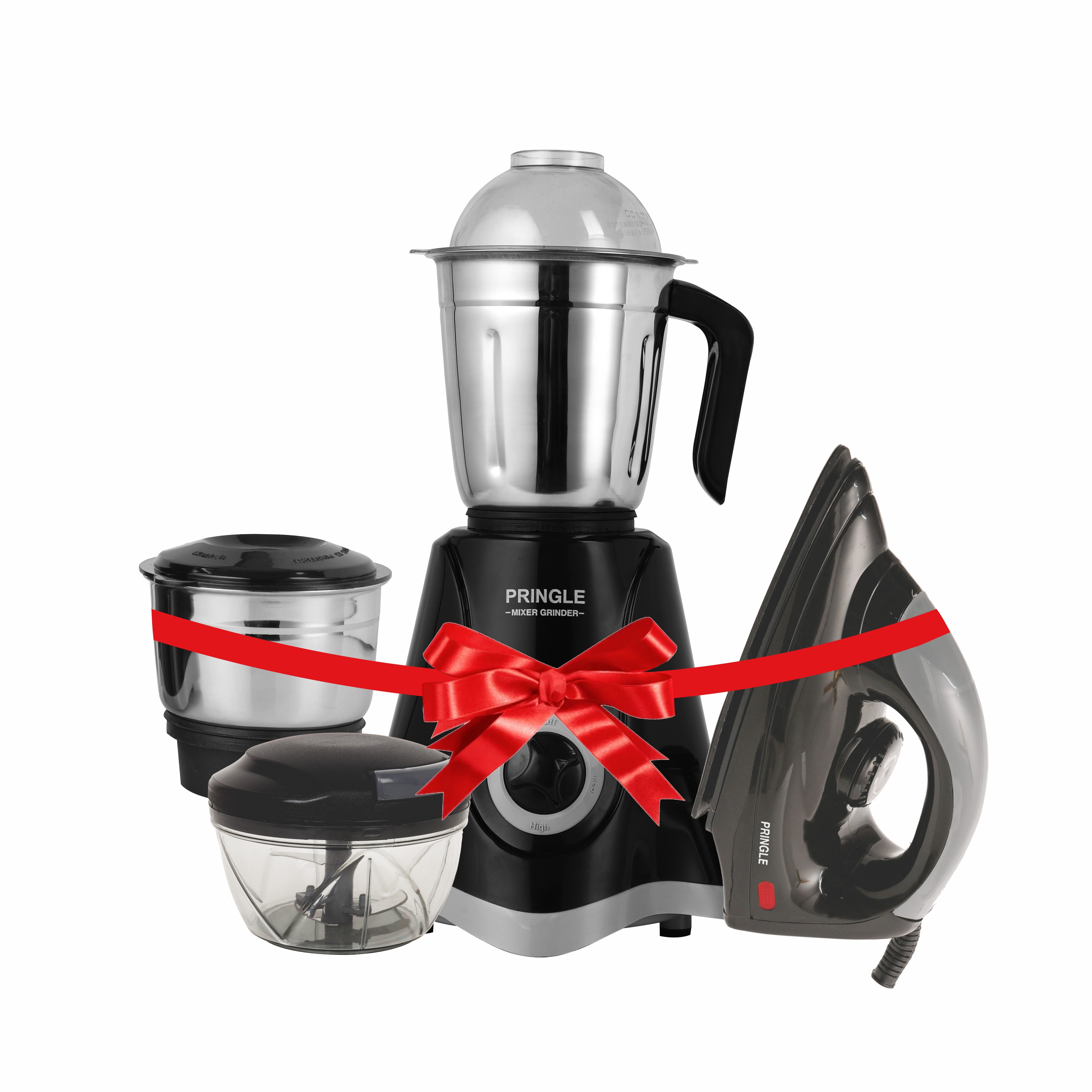 Pringle Kitchen King Combo 500W 2 Jar Mixer Grinder with 3 Speed Control and 1000W Dry Non-Stick soleplate Iron and Pulling vegetable Chopper Super Combo (Black - 1 year Warranty) - Pringle Appliances