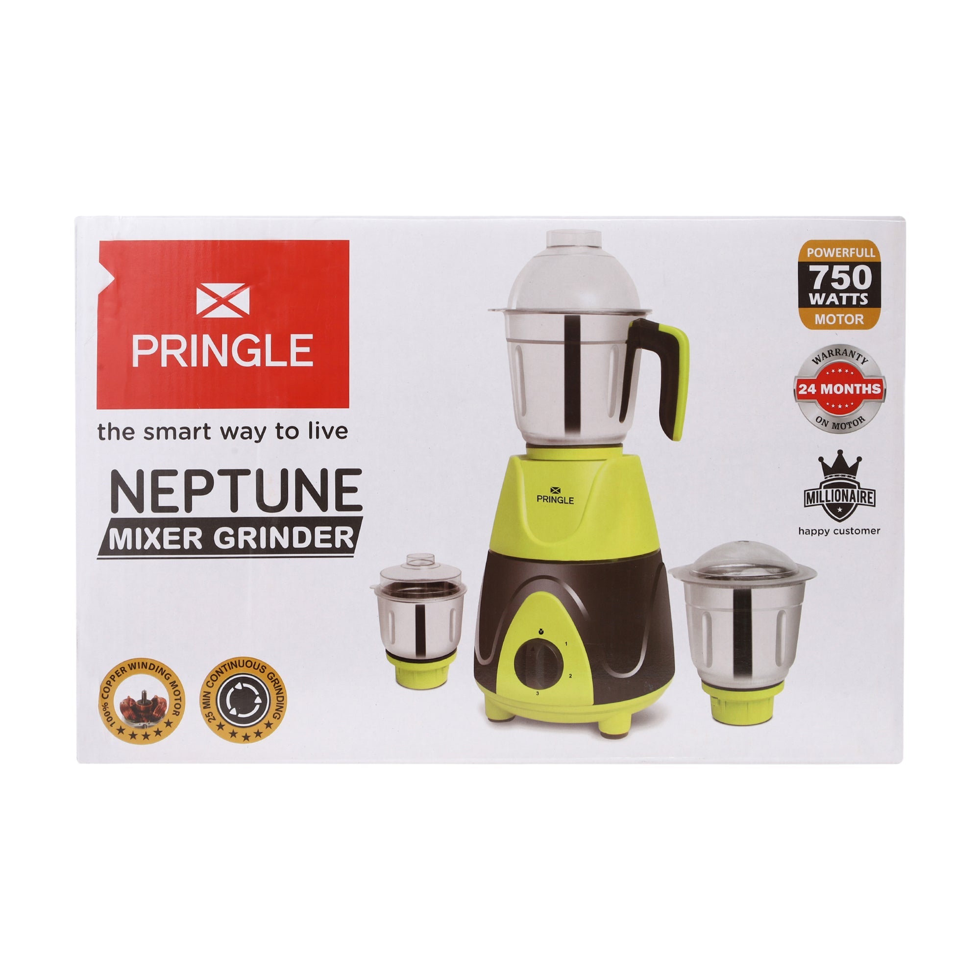 Pringle Neptune 750Watt Mixer Grinder with 3 Stainless Steel Leak-proof Jars, 3 speed & Pulse function,(100% Copper Motor) 2 years warranty - Pringle Appliances
