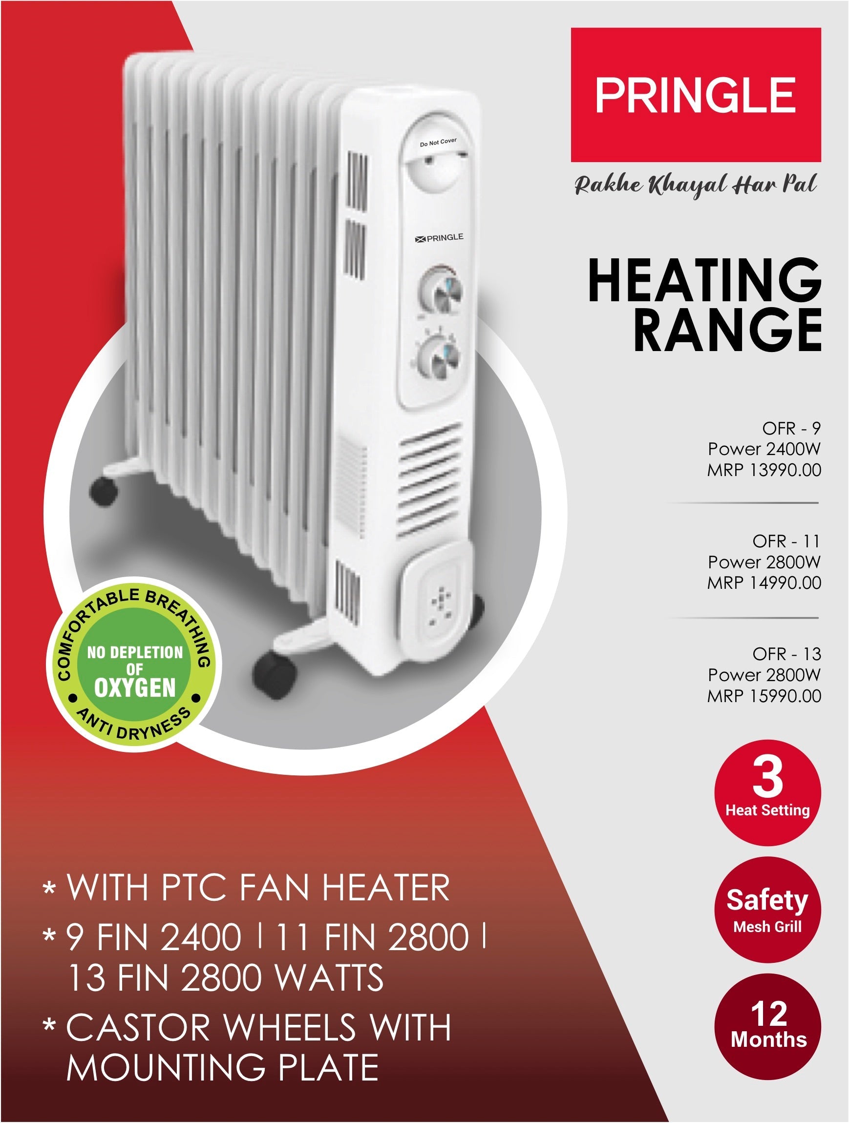 Pringle OFR 9 Fin Room Heater, 2400 Watts (ISI) 5 Stage Air Settings, Multiple Temperature Control, Oil Filled with PTC Radiator Fan Room Heater with Auto Shutoff Low Power (9 Fin (2400 Watt))