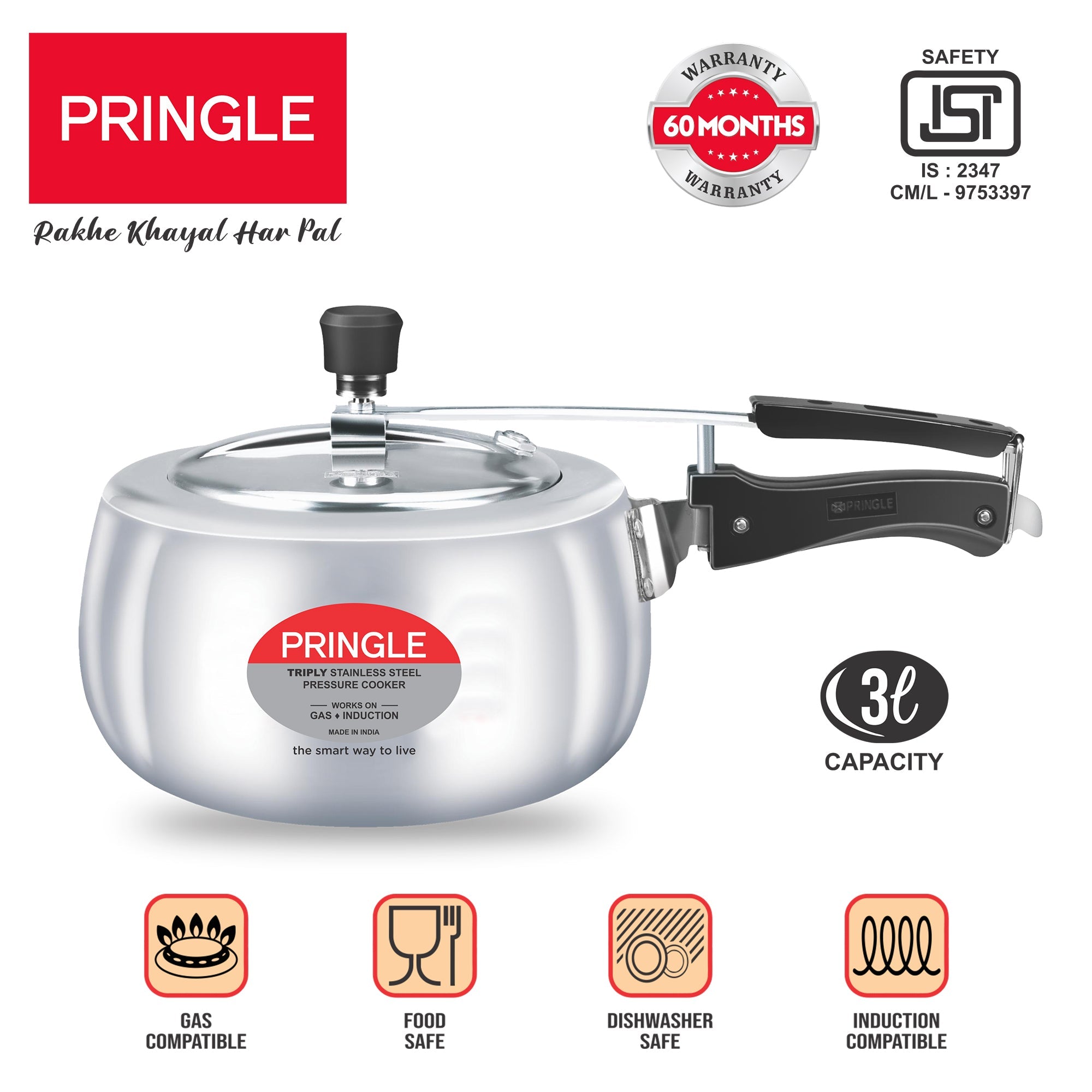 Pringle Platinum Triply Stainless Steel Inner Lid Pressure Cooker 3 Litres - ISI certified, Silver (Induction and Gas Stove Friendly) with 60 Months Warranty | First In India - Pringle Appliances