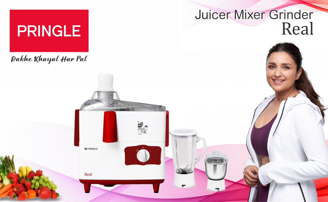 Pringle Real High Efficiency 500 Watt Juicer Mixer Grinder With 2 Unbreakable Jars | JMG With 2 year Warranty On Motor | White And Cherry Colour - Pringle Appliances