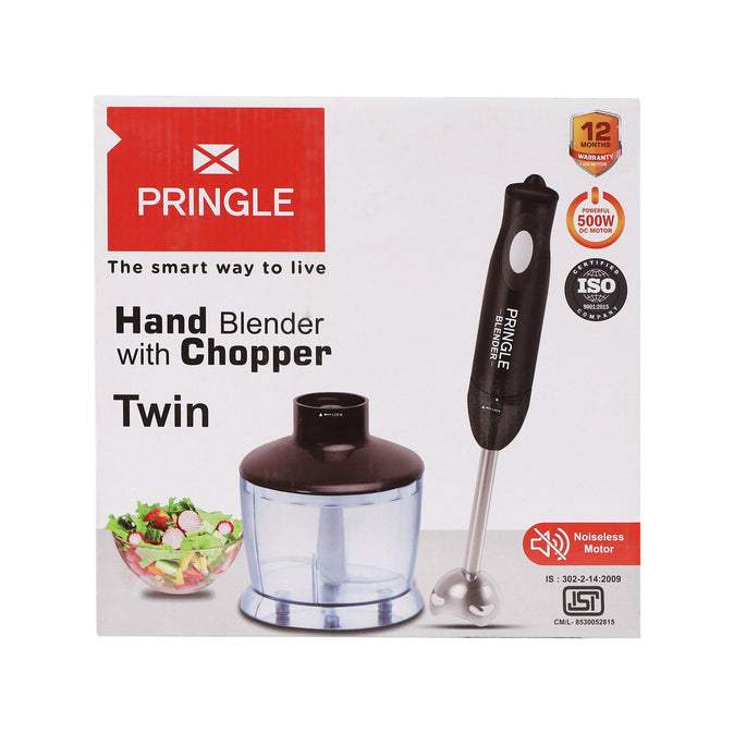 Pringle Twin Hand Blender With Chopper ,Super Silent 500 Watts Powerful Motor,800ml Chopper Attachment Compact Chopper, Detachable Steel Rod, Single Button Release, 1 Year Warranty , ISI Approved - Pringle Appliances